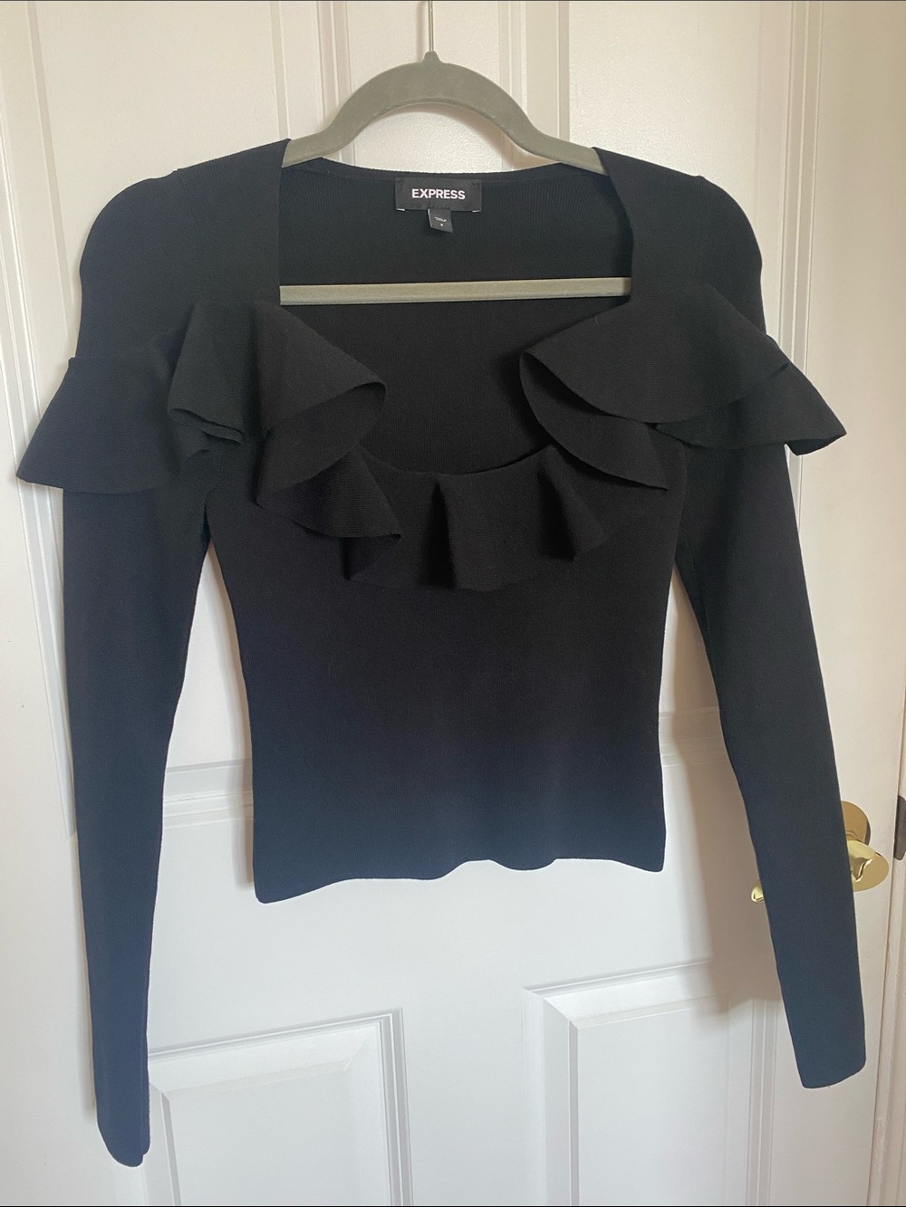 Express Women’s Black Ruffle Scoop-Neck Long Sleeve Fitted Rayon-Blend Top Sz S